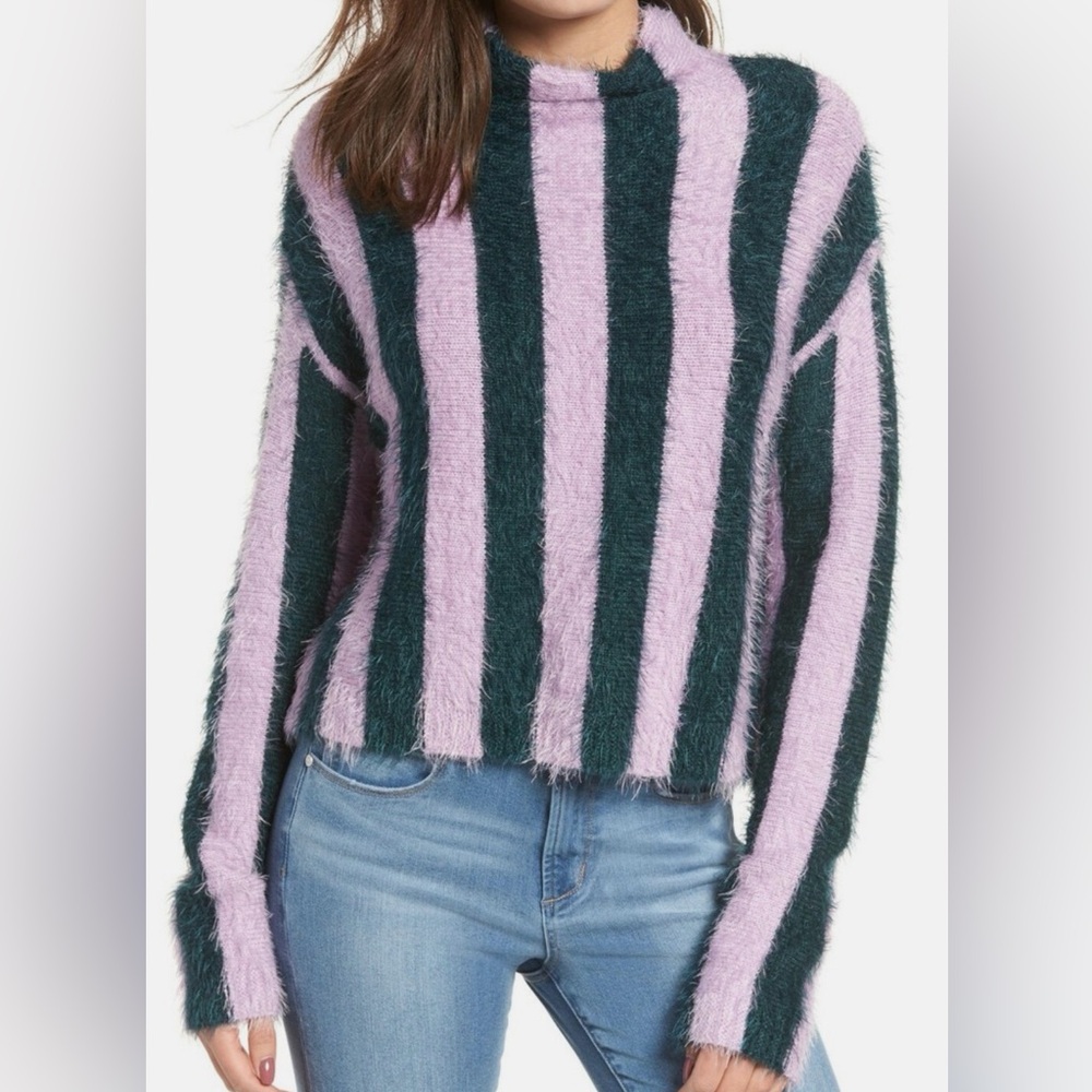 Fuzzy Striped Funnel Neck Sweater